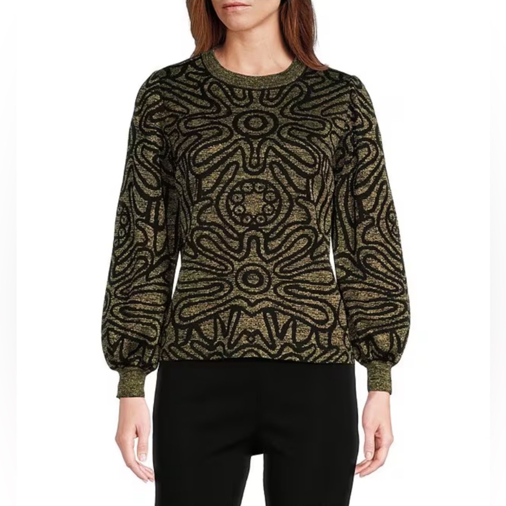 Ming Wang Artsy Luxe Metallic Swirl Abstract Printed Long Balloon Sleeve Top‎ L